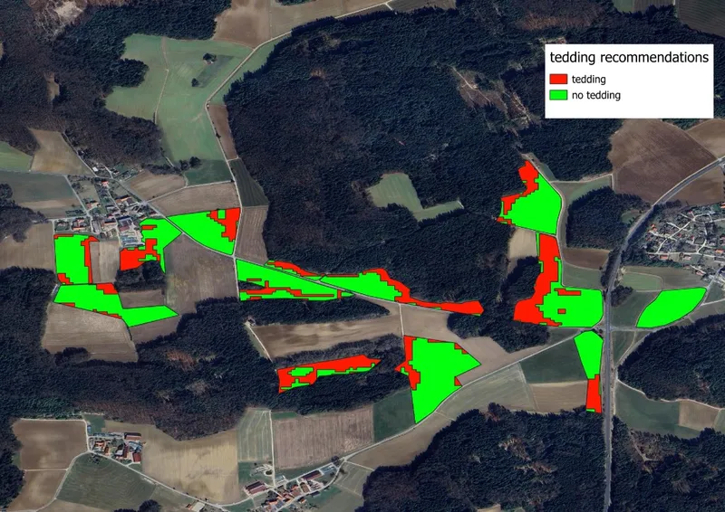 Tedding recommendations on a satellite map – tedding and no tedding